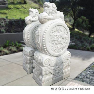草白玉麒麟浮雕抱鼓石 门口门墩石雕 (4)
